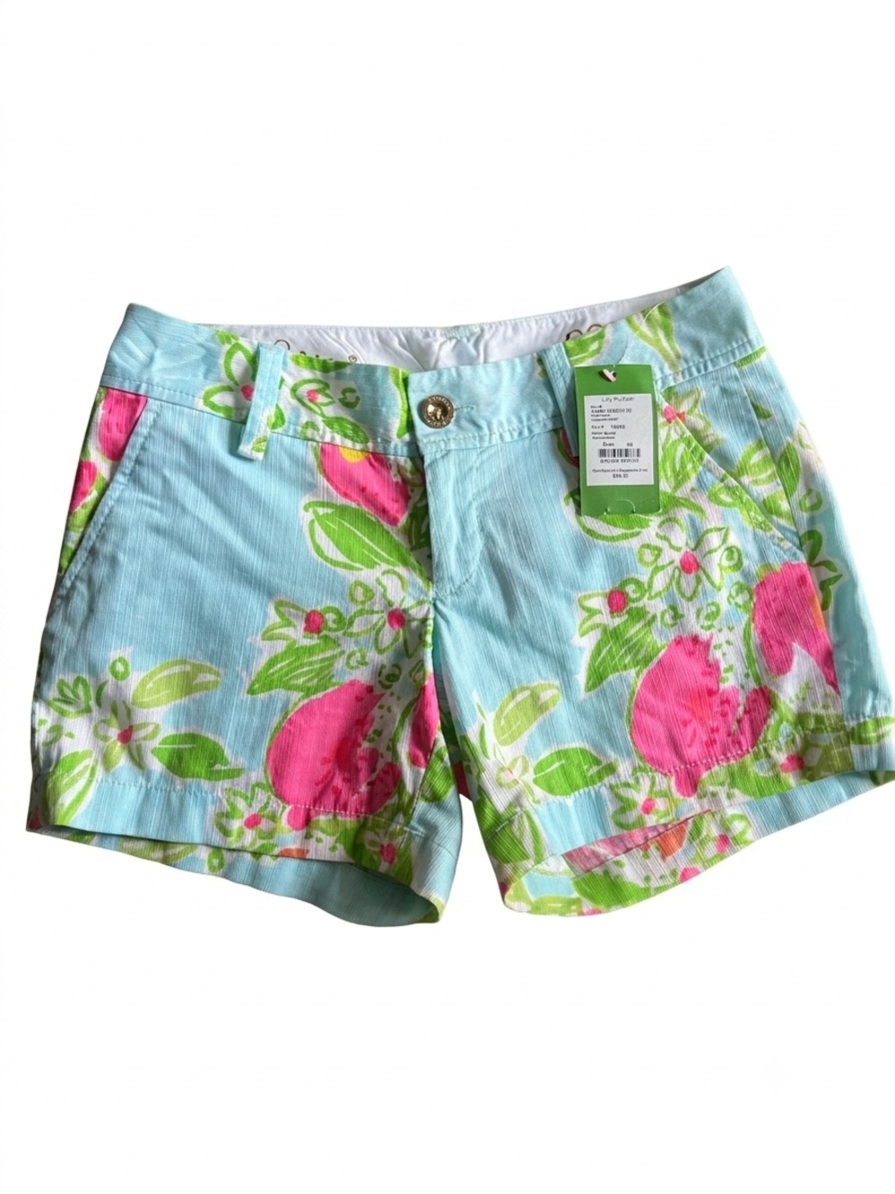 Lilly Pulitzer Aqua Floral Cotton Bermuda Shorts with Pink & Green Print